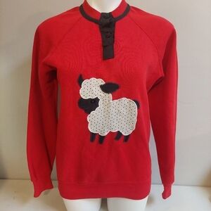 Vitage Bassett Walker Red Sweatshirt M Granny Sheep Embroidered Cottage‎ Prairie